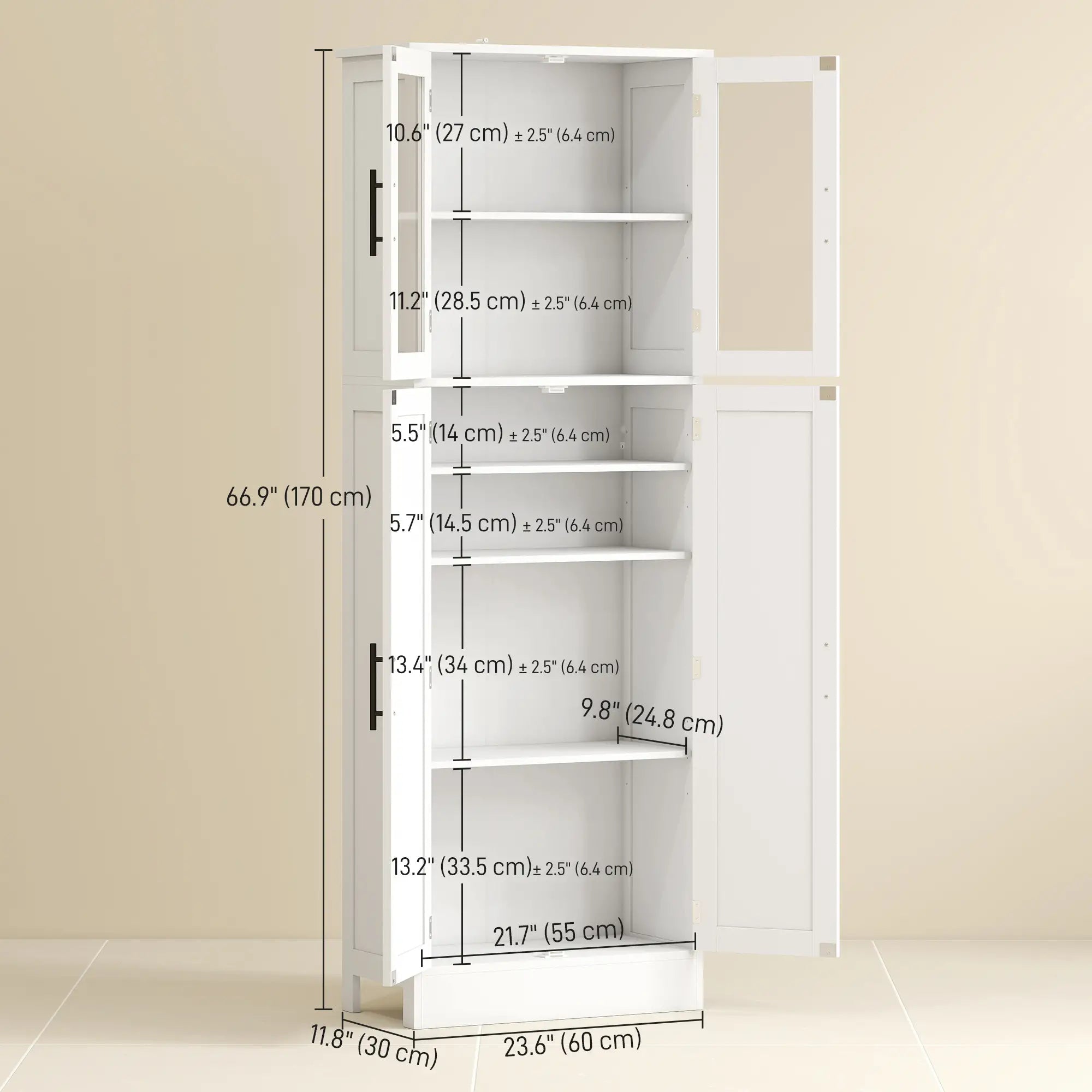 Tall Bathroom Cabinet, Glass Doors, Adjustable Shelves, White Freestanding Bathroom Cabinets at Gallery Canada