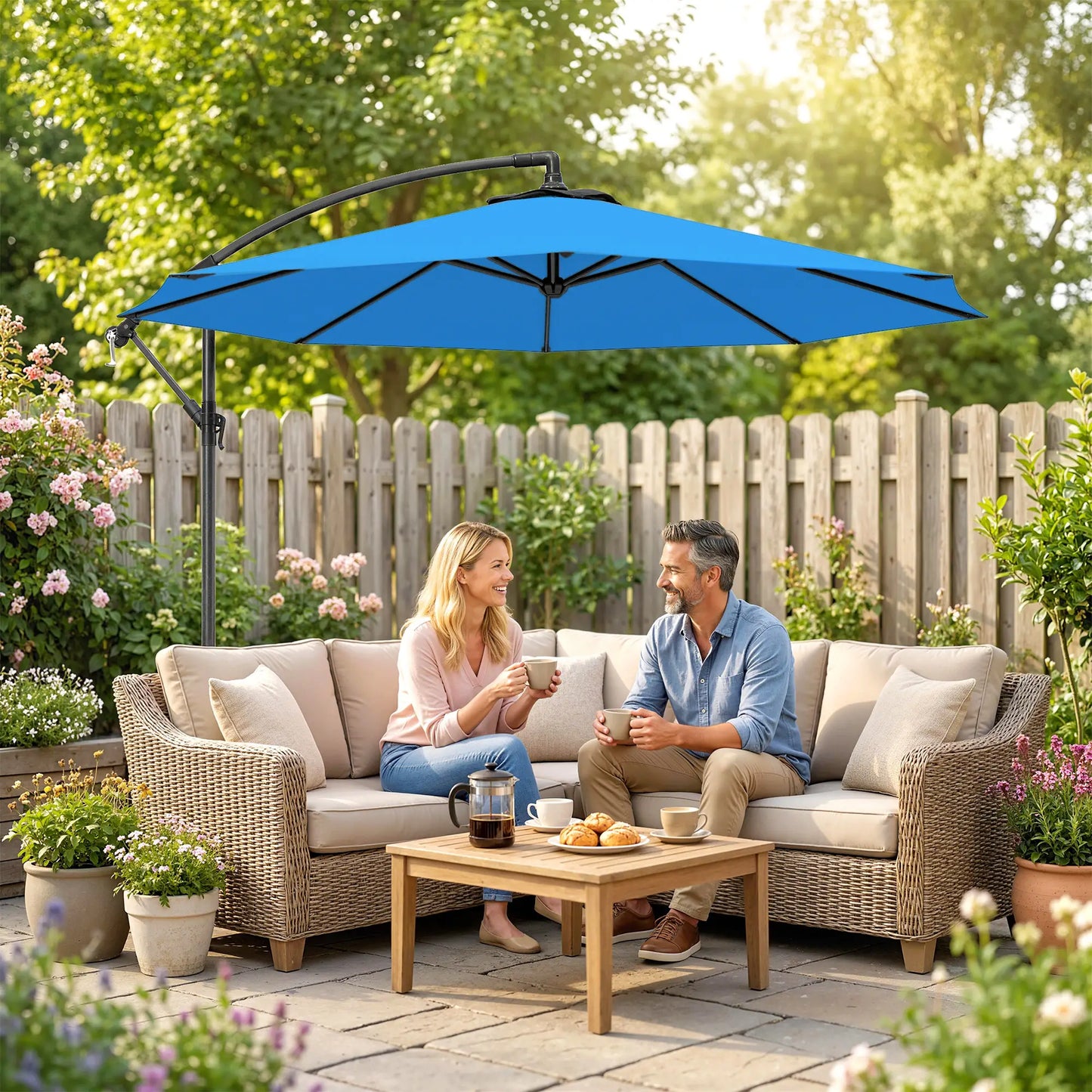 10ft Offset Patio Umbrella, Crank Hanging Parasol, Blue Cantilever Umbrellas at Gallery Canada