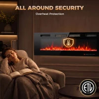 Electric Fireplace 60", Recessed Wall Mounted, Freestanding, Black