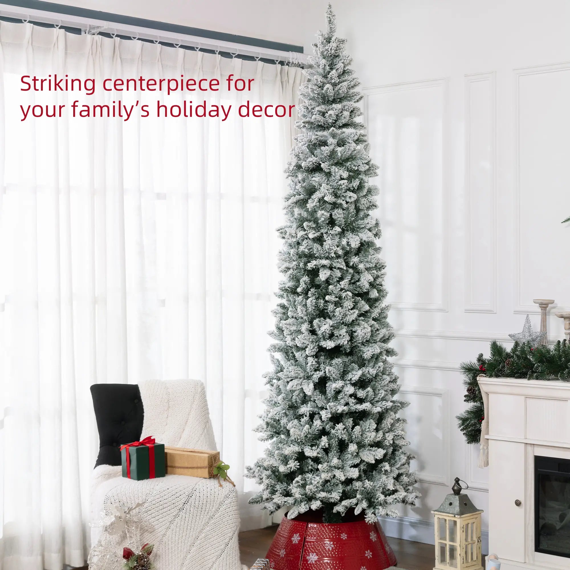 9ft Flocked Pencil Christmas Tree, 1277 Branch Tips, Metal Base Pencil Christmas Trees at Gallery Canada