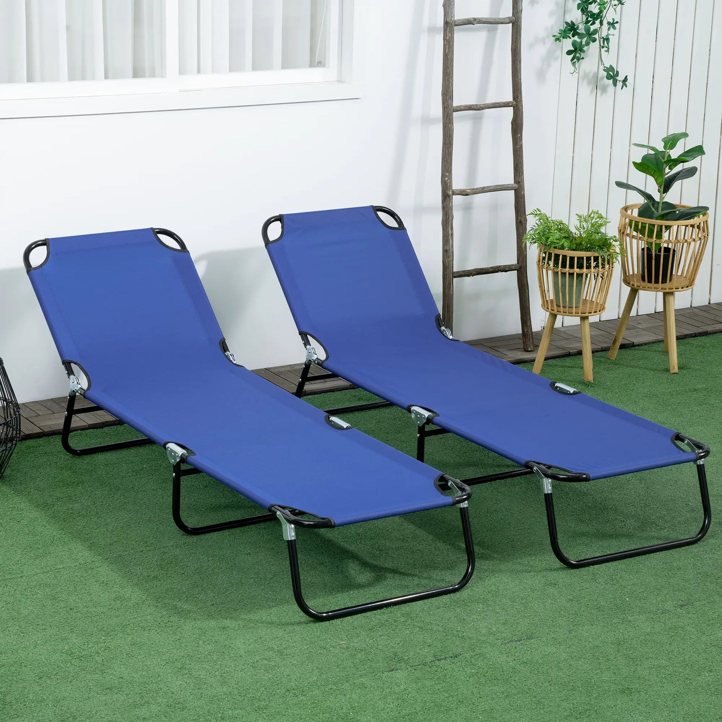Set of 2 Folding Outdoor Lounge Chairs, Reclining Back, Breathable Mesh, Blue Lounger Chairs at Gallery Canada