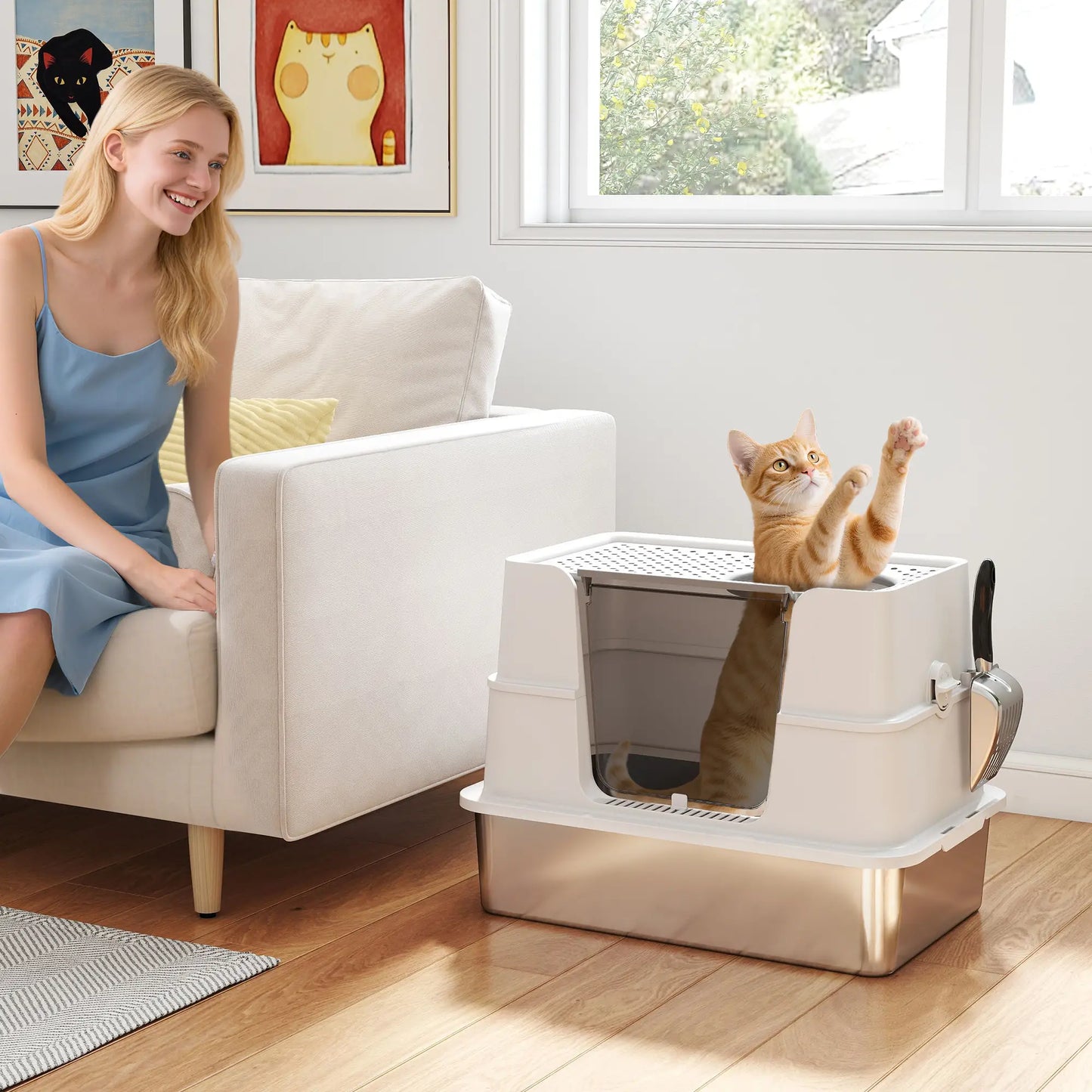 XL Stainless Steel Litter Box, 100° Flip Top, Scoop, Dual Entry, Odor Free Cat Litter Box Enclosures at Gallery Canada
