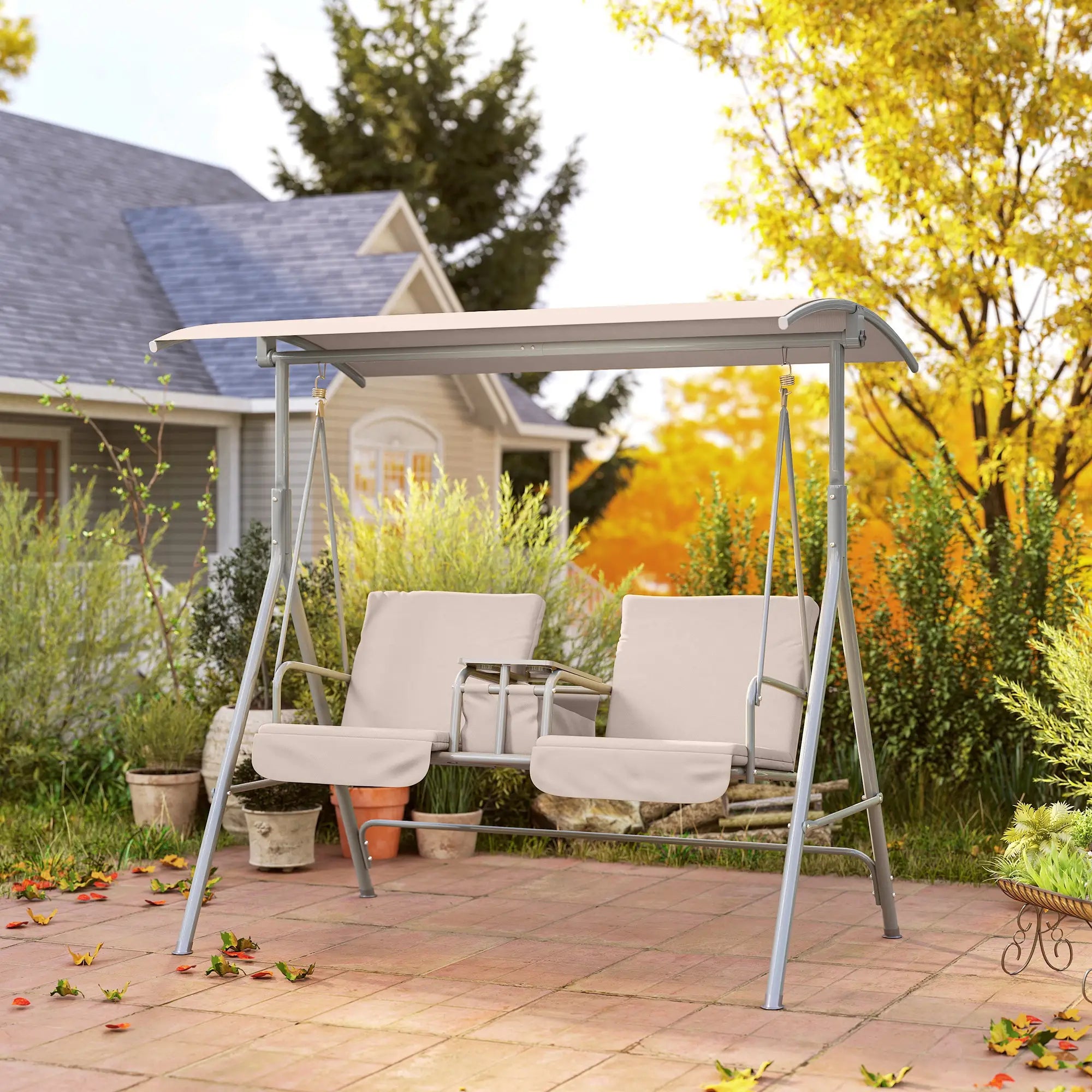 Double Outdoor Swing Chair, 2 Person, Covered, Beige Patio Swings with Stand at Gallery Canada