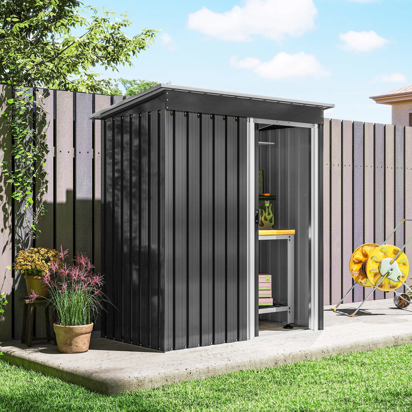 5x3 FT Outdoor Storage Shed, Sliding Door, Sloped Roof, Steel Frame, Black Sheds at Gallery Canada