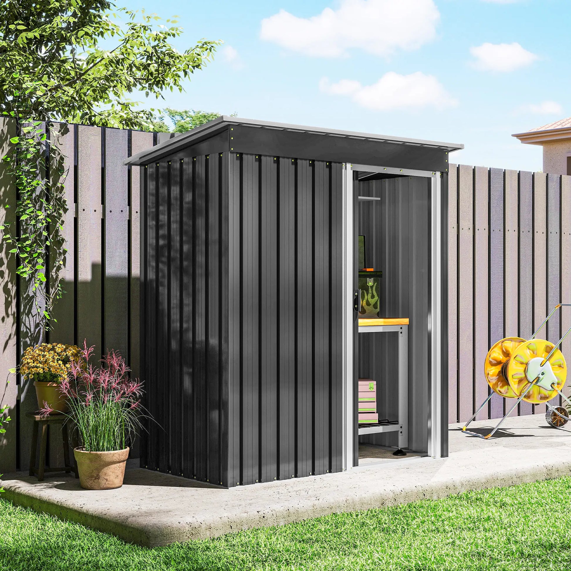 5x3 FT Outdoor Storage Shed, Sliding Door, Sloped Roof, Steel Frame, Black Sheds at Gallery Canada