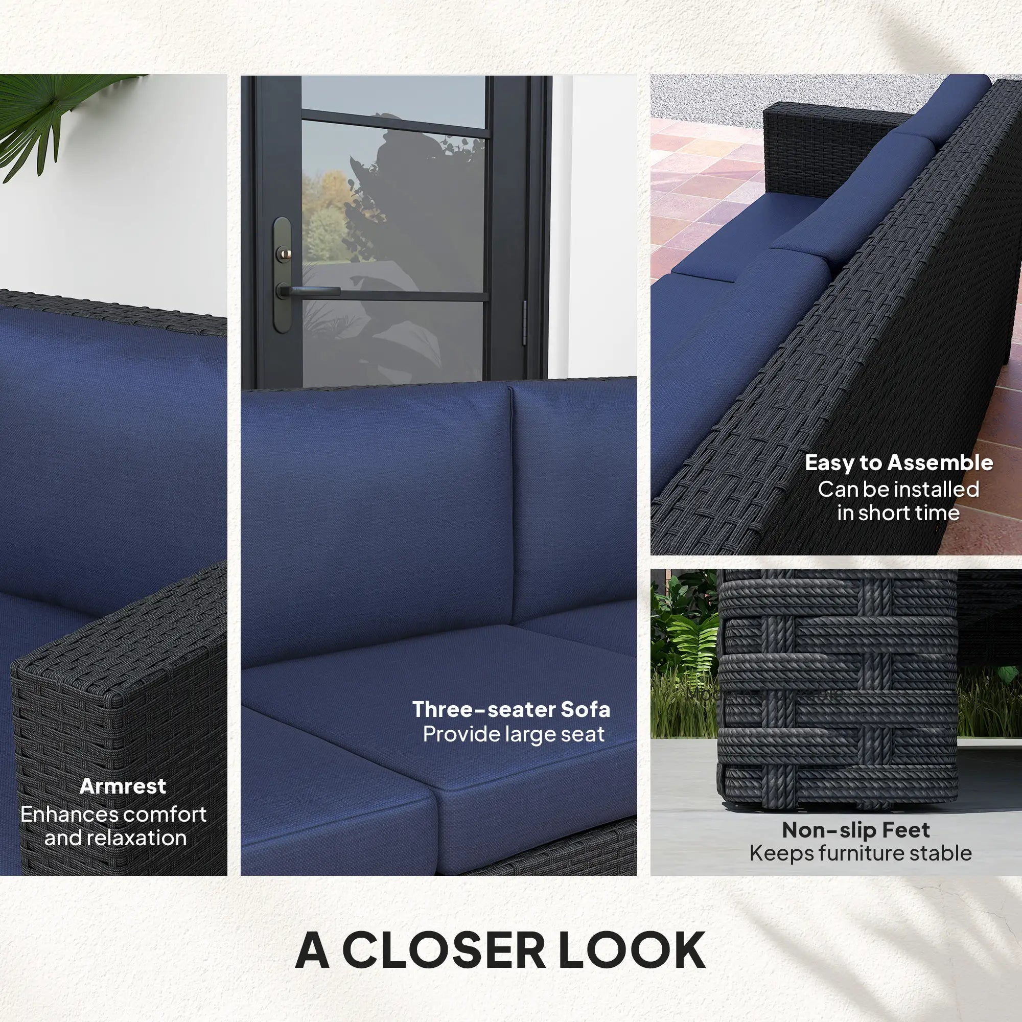 3 Seat Rattan Wicker Sofa, Outdoor Patio Furniture, Navy Blue Patio Furniture Sets at Gallery Canada