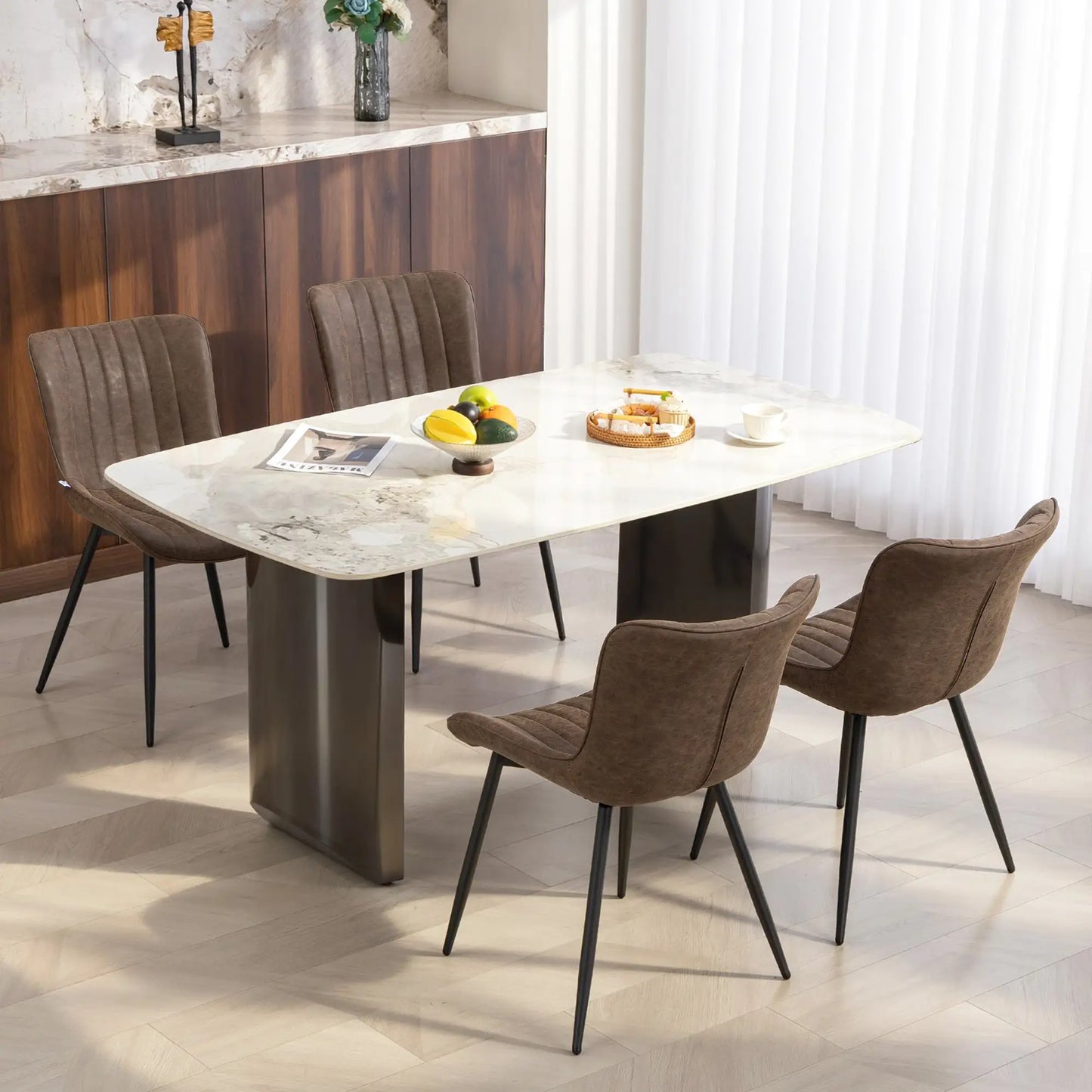 PU Leather Dining Chairs Set of 4, Steel Legs, Backrest, Brown Dining Chairs at Gallery Canada