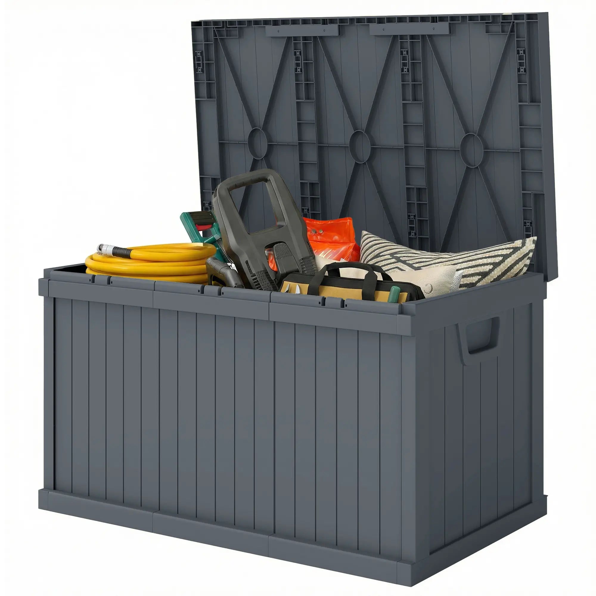 70 Gallon Deck Box, Resin Outdoor Storage Container, Dark Grey Patio Storage Boxes Dark Grey at Gallery Canada
