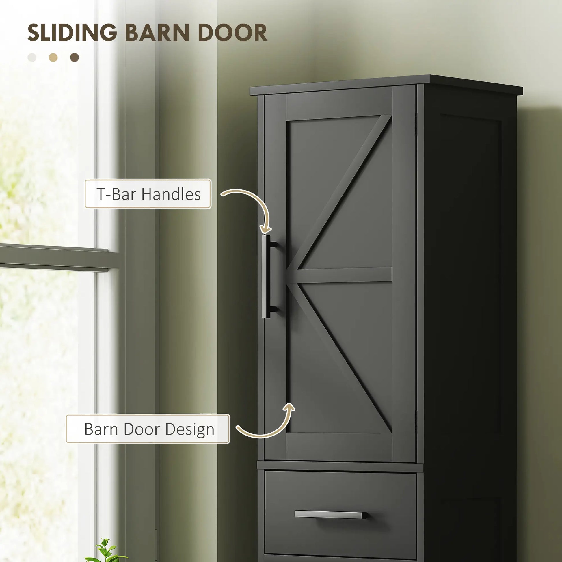 67" Tall Bathroom Cabinet, Narrow Storage with Drawer, Barn Doors, Adjustable Shelves, Black Bathroom Cabinets at Gallery Canada