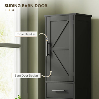 67" Tall Bathroom Cabinet, Narrow Storage with Drawer, Barn Doors, Adjustable Shelves, Black Bathroom Cabinets at Gallery Canada