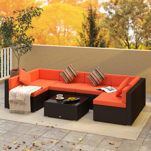 7pcs Garden Wicker Sectional Set, Tea Table, Patio Rattan Sofa, Cushion, Outdoor Deck, Orange