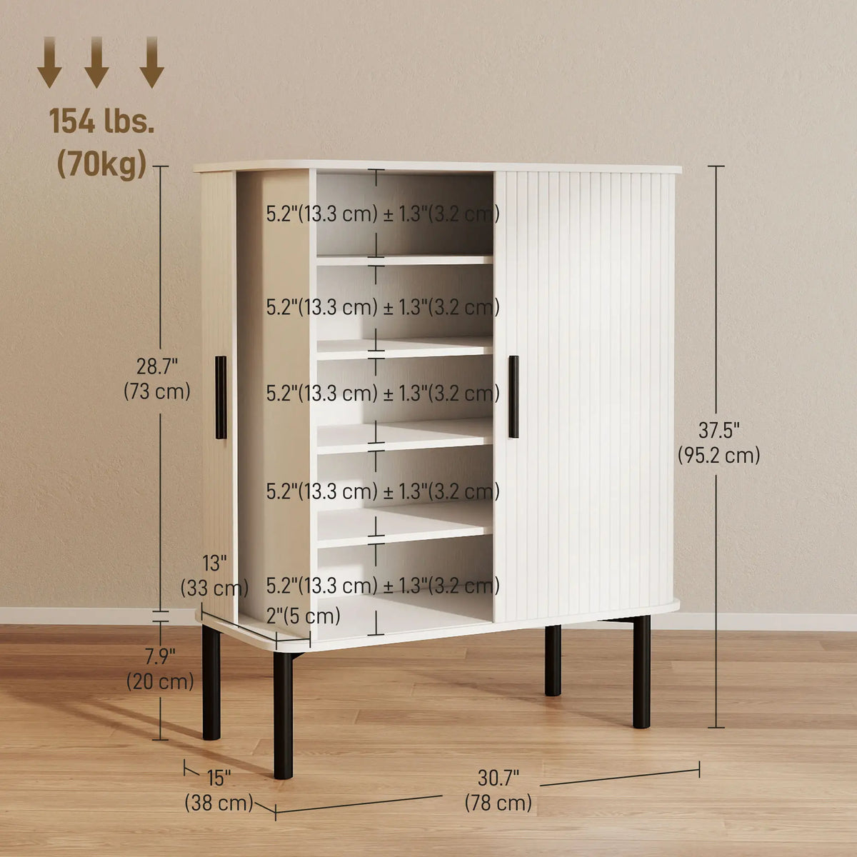 Shoe Cabinet Adjustable Shelves Side Cubbies Tambour Door, White