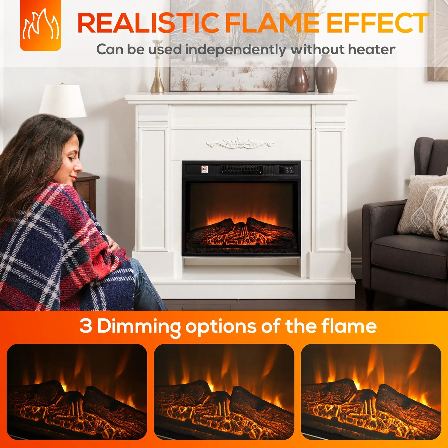 46" Electric Fireplace with Mantel, 1400W Heater, Realistic Flame, White Electric Fireplaces at Gallery Canada