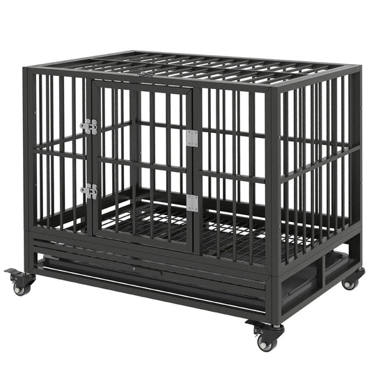 36" Heavy Duty Steel Dog Crate, Kennel with Wheels, Grey Houses, Kennels & Pens Black at Gallery Canada