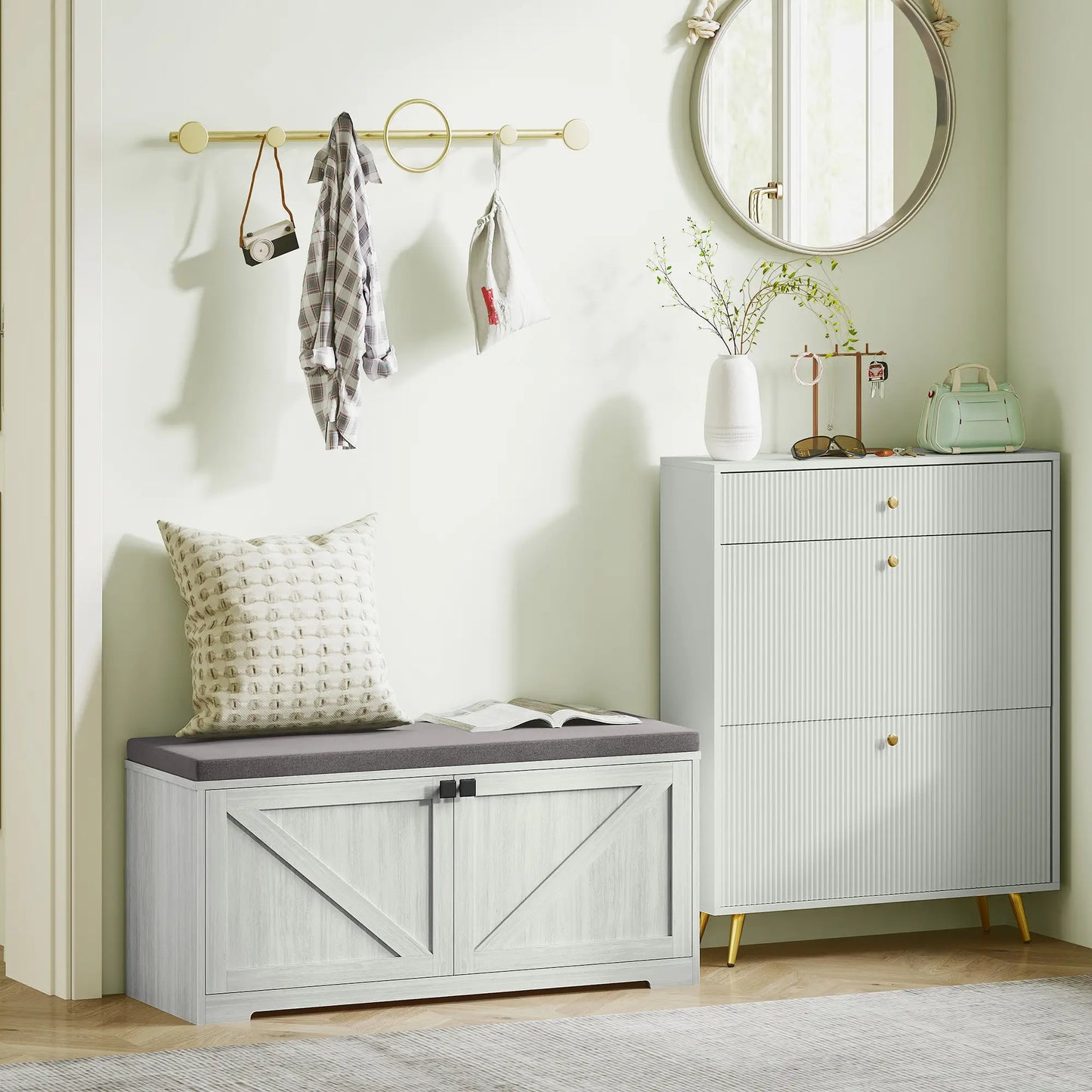 Shoe Storage Bench, Padded Seat, Holds 352 lb, 8 Pairs, Light Grey Shoe Storage Cabinets & Racks at Gallery Canada