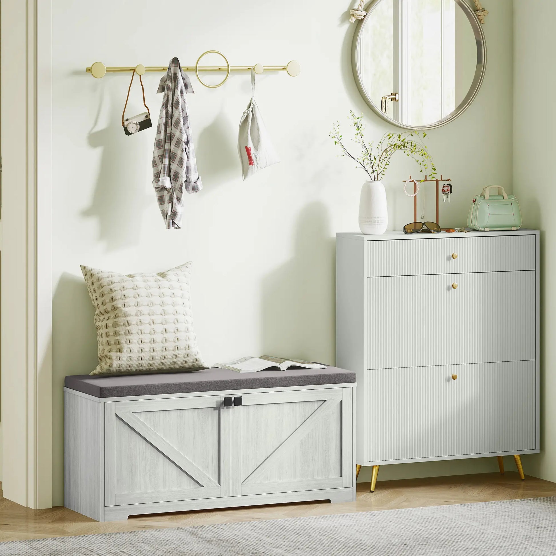 Shoe Storage Bench, Padded Seat, Holds 352 lb, 8 Pairs, Light Grey Shoe Storage Cabinets & Racks at Gallery Canada