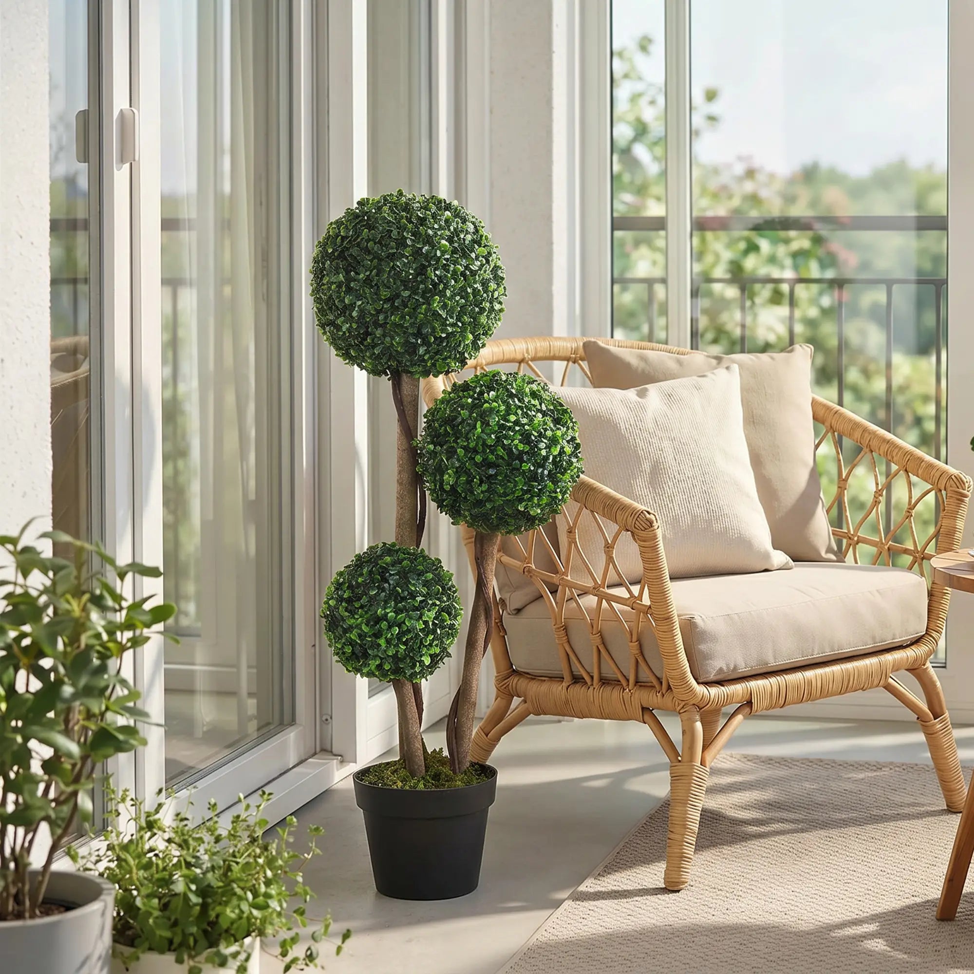 35 Inch Artificial Boxwood Topiary Tree, Triple Ball, Dark Green Artificial Trees at Gallery Canada