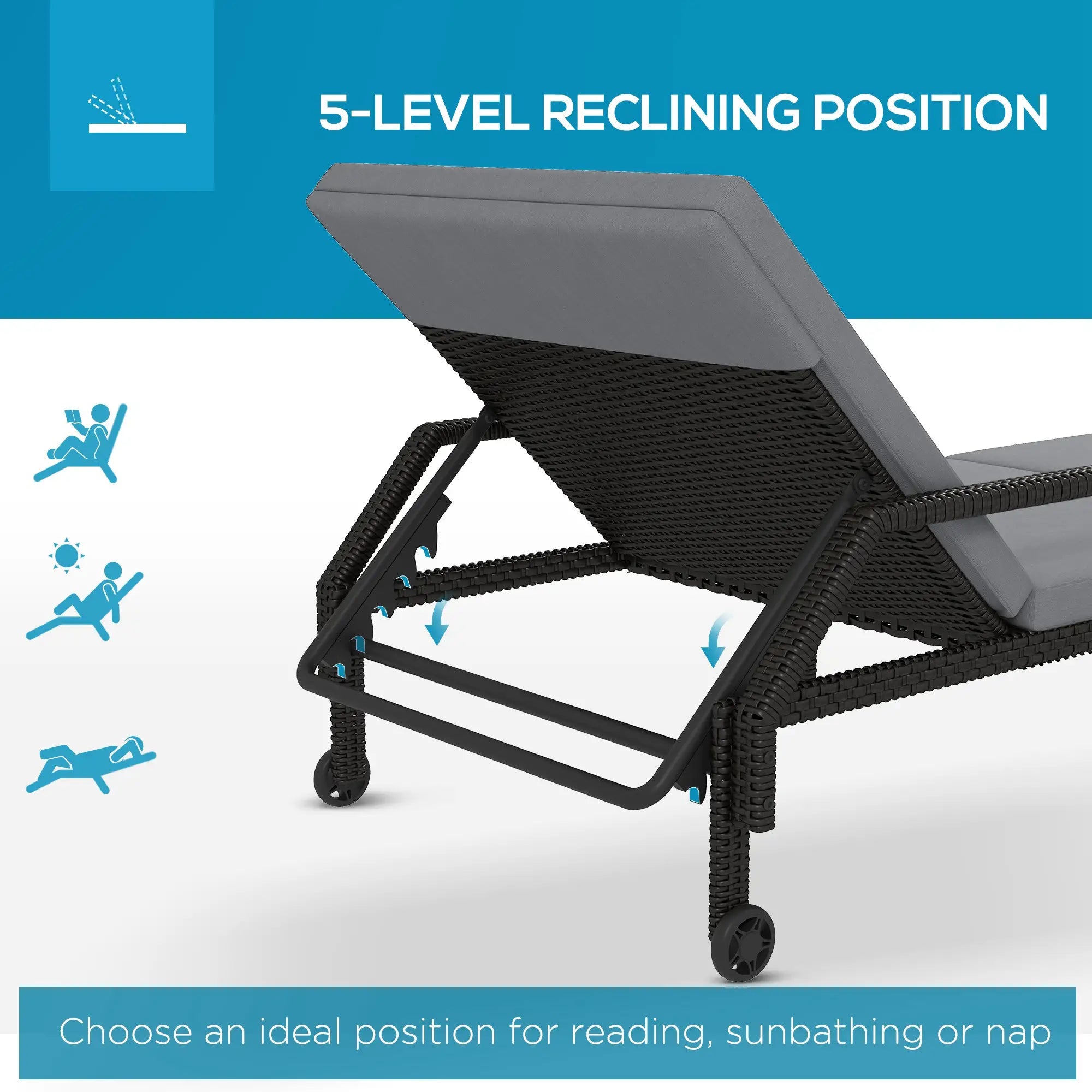 Wicker Chaise Lounger, 5-Level Adjustable Backrest, Light Grey Chaise Loungers at Gallery Canada