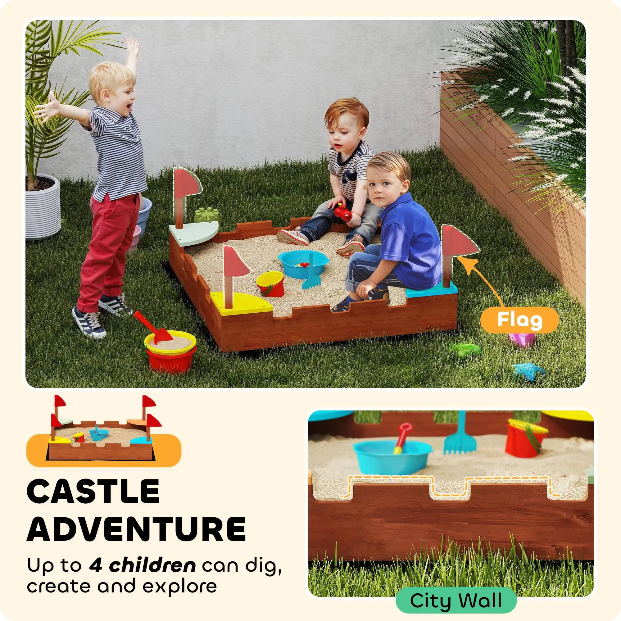 Kids Wooden Sandbox, 4 Colorful Seats, Ground Liner, Brown Sandboxes & Accessories at Gallery Canada