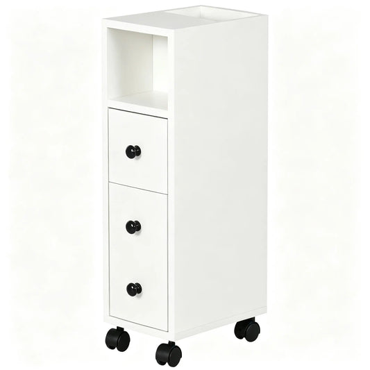 Slim Bathroom Cabinet with Wheels, Door, Drawer, 2 Compartments, White Bathroom Cabinets White at Gallery Canada