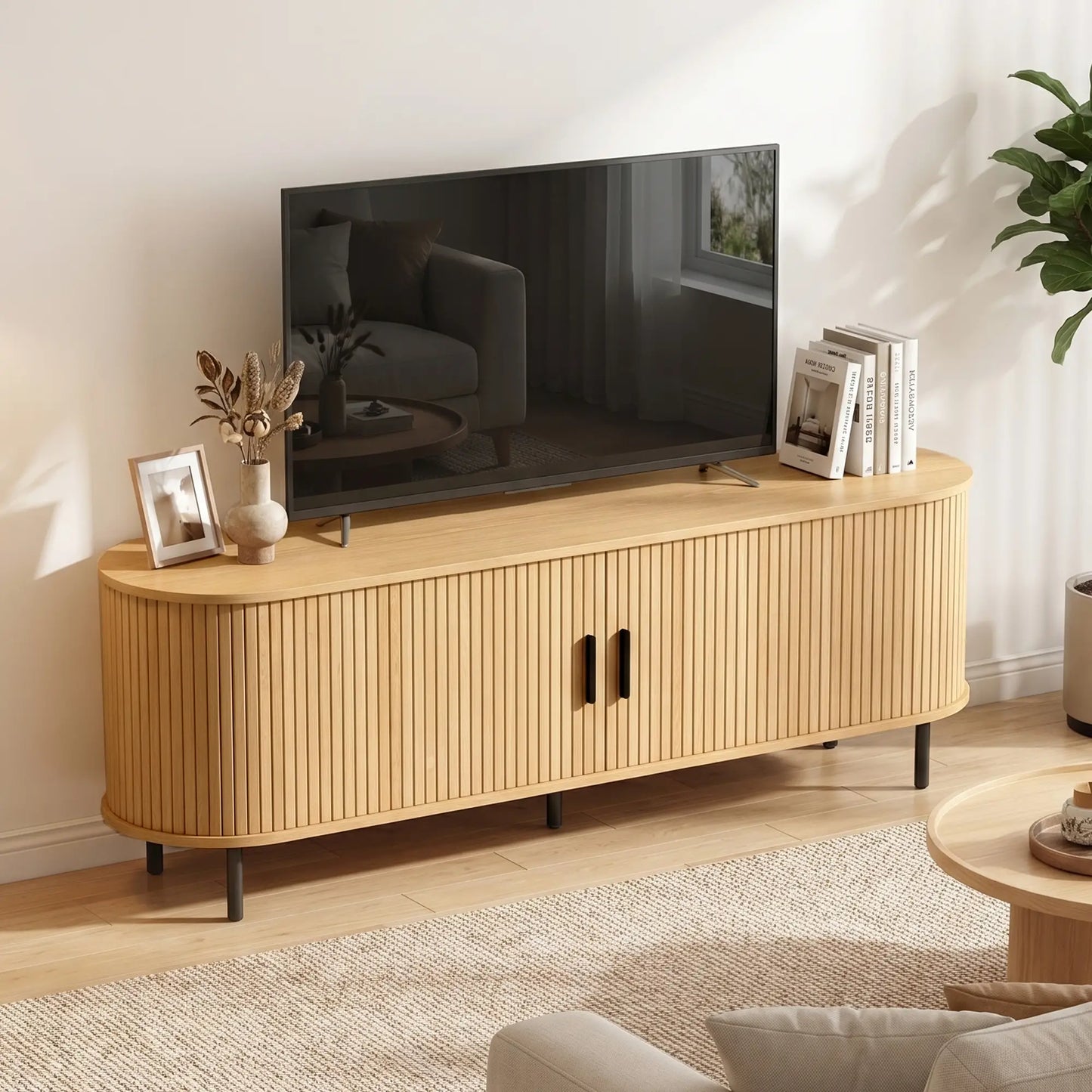 TV Stand for TVs up to 60", Modern Entertainment Center with Curved Sliding Doors, Natural Wood