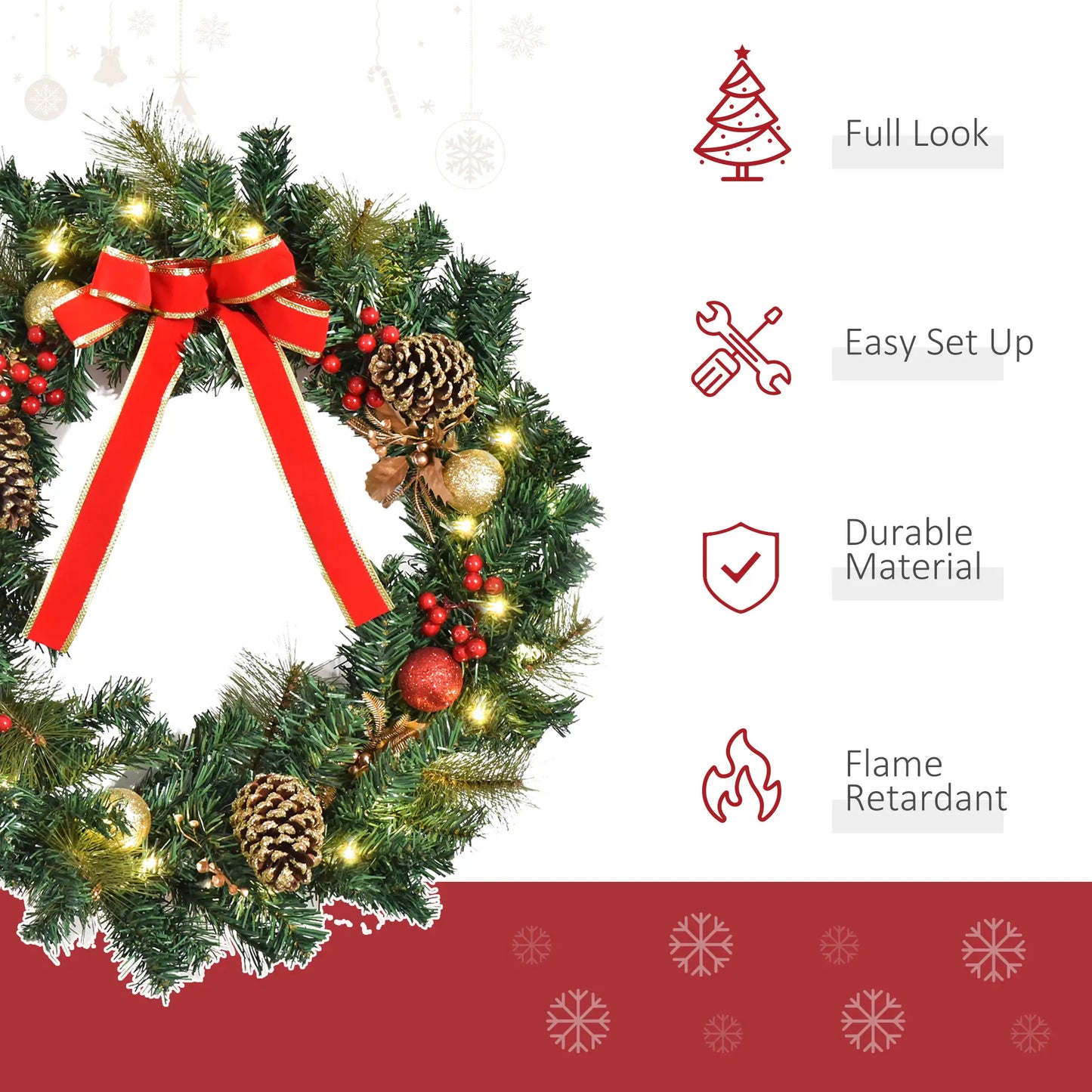 24" Pre-Lit Christmas Wreath, Artificial Greenery, 20 LED Lights, Red Berries Christmas Wreaths at Gallery Canada