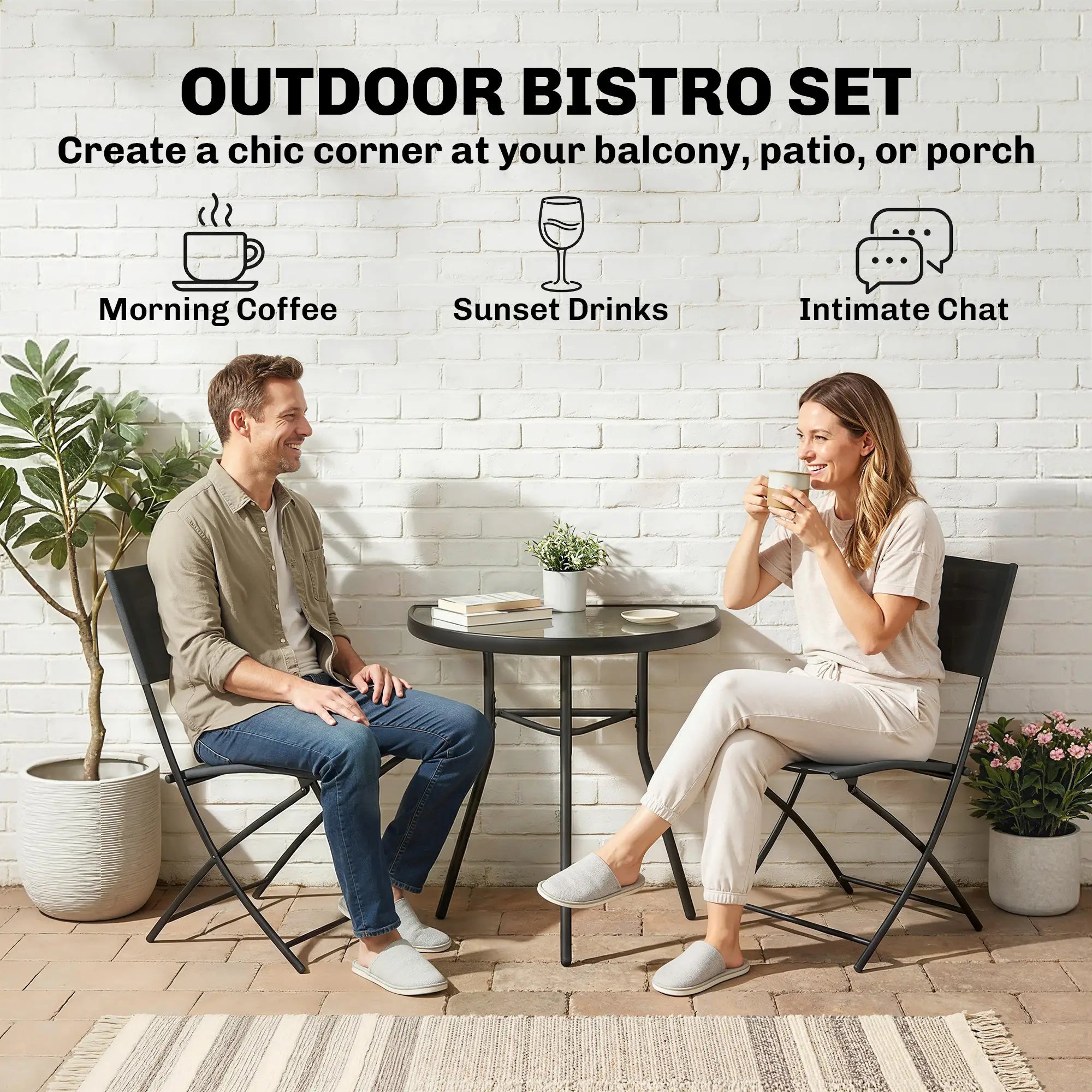 3-Piece Patio Bistro Set, Folding Chairs, Glass Table, Black Bistro Sets at Gallery Canada