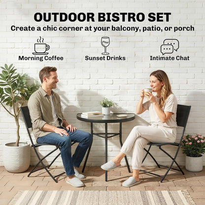 3-Piece Patio Bistro Set, Folding Chairs, Glass Table, Black Bistro Sets at Gallery Canada
