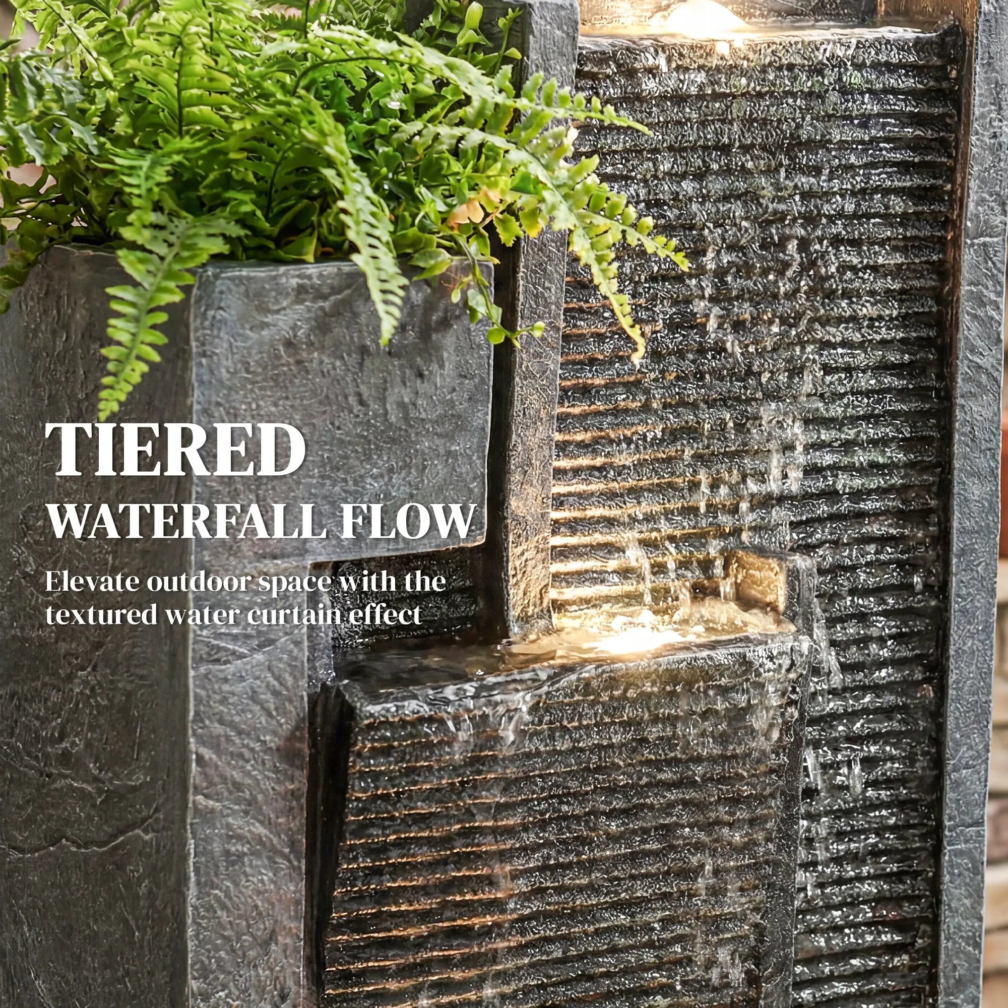 3-Tier Outdoor Water Fountain With LED Lights, Planter, Pump, Dark Grey Water Fountains at Gallery Canada