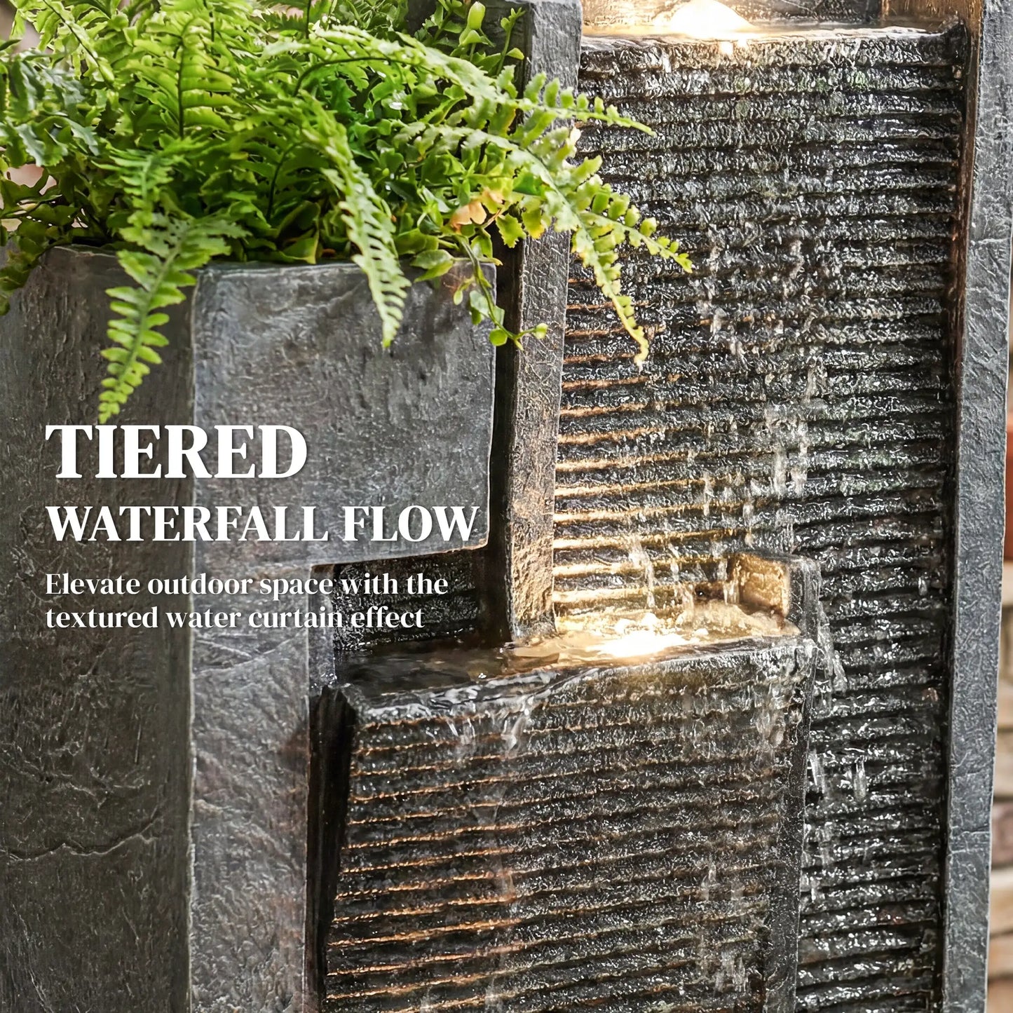 3-Tier Outdoor Water Fountain With LED Lights, Planter, Pump, Dark Grey Water Fountains at Gallery Canada