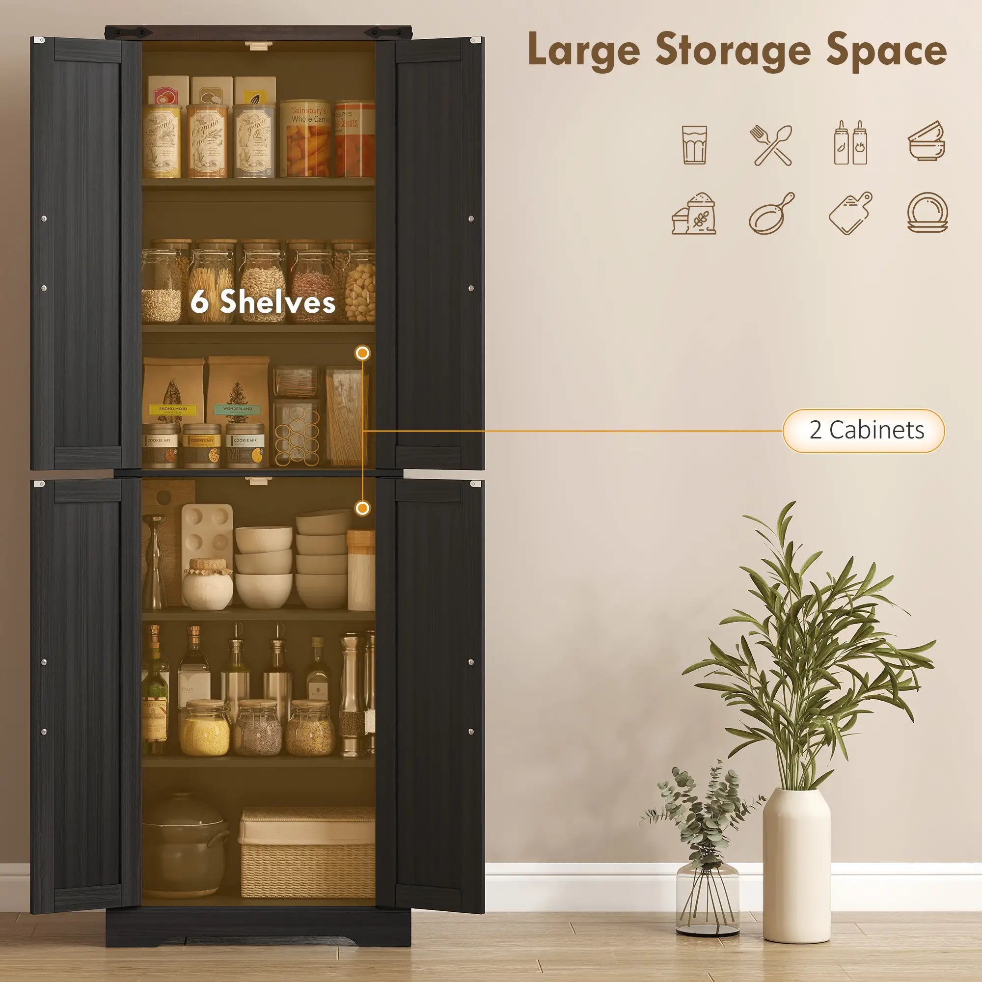 72 Inch Pantry Cabinet, Farmhouse Kitchen Storage with Adjustable Shelves, Black Kitchen Pantry Cabinets at Gallery Canada