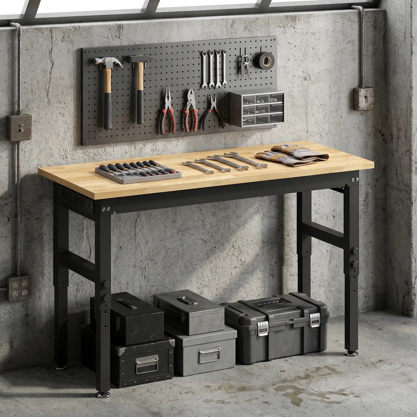 48" Adjustable Workbench, Heavy Duty Work Table with Rubber Wood Top, Power Outlets, Pegboard, 2000 LBS Capacity Tool Organizers at Gallery Canada