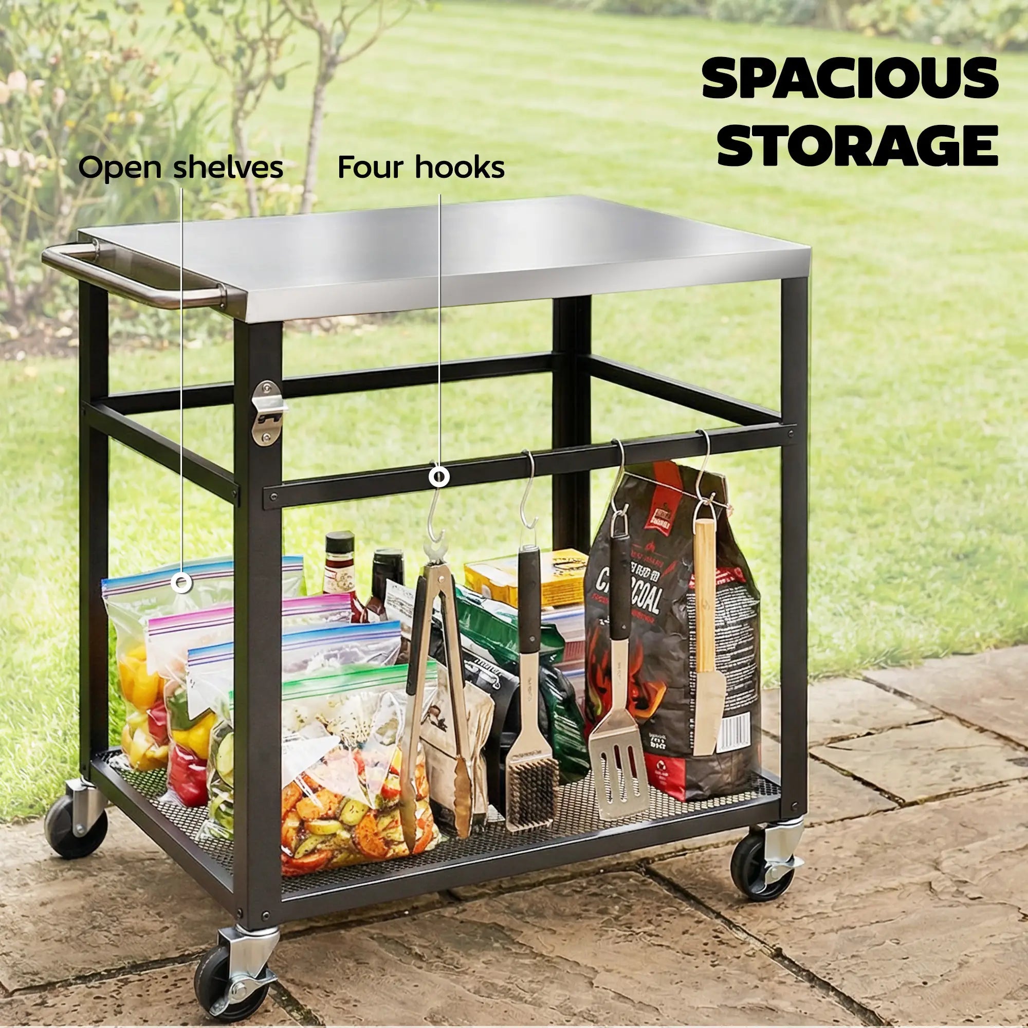Outdoor Grill Cart, Stainless Steel Tabletop, 2-Tier Prep Station, Black Outdoor Grill Carts at Gallery Canada