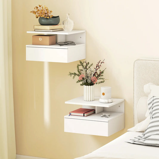 Floating Nightstand Set of 2, Wall Mounted with Drawer, White Bedside Tables White at Gallery Canada