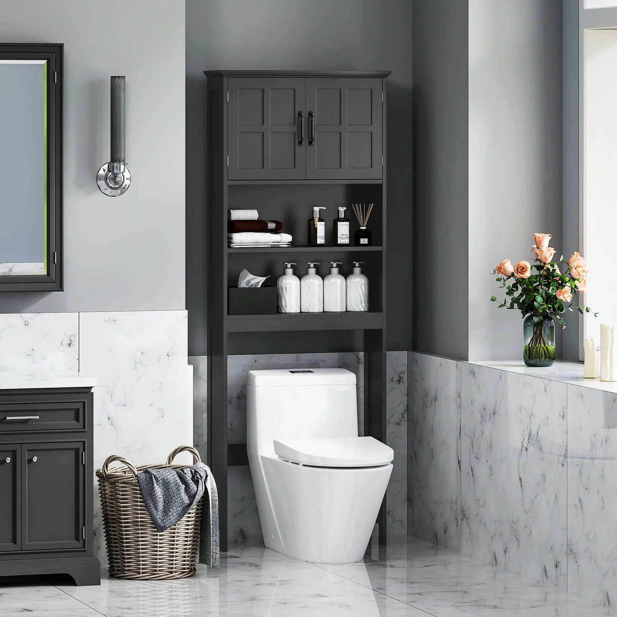Modern Over Toilet Storage, Bathroom Cabinet with Shelves, Double Door, Black Bathroom Cabinets at Gallery Canada