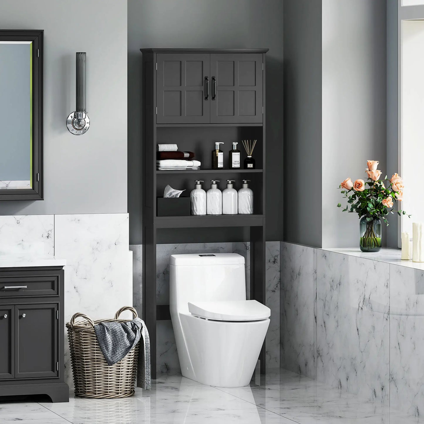 Modern Over Toilet Storage, Bathroom Cabinet with Shelves, Double Door, Black Bathroom Cabinets at Gallery Canada