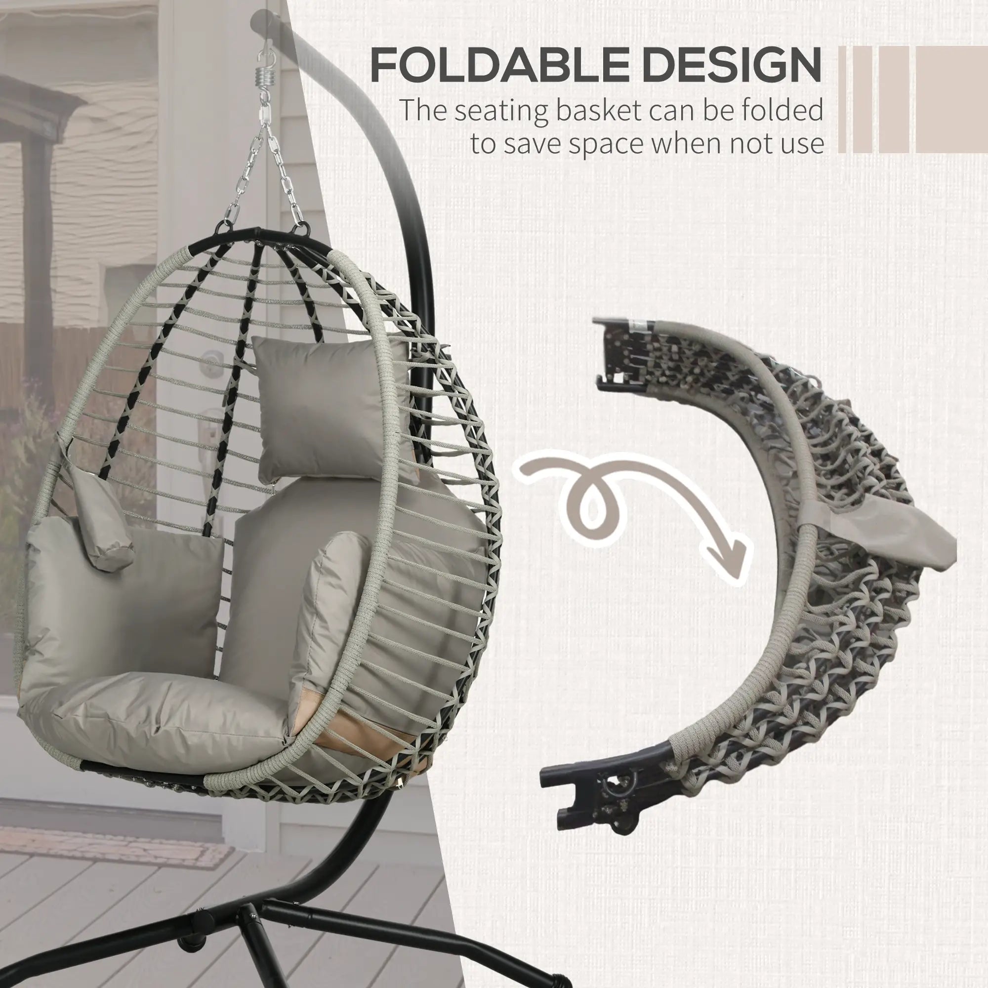 Outdoor Hanging Egg Chair, Thick Padded Cushion, Patio Swing Chair, Grey Patio Swings with Stand at Gallery Canada