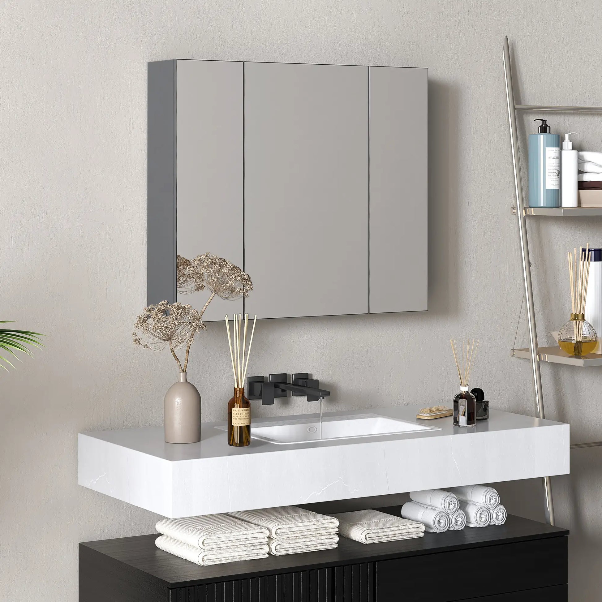 28" x 24" Wall Mounted Mirror Cabinet, 3 Doors, Adjustable Shelves, Grey Mirror Medicine Cabinets at Gallery Canada