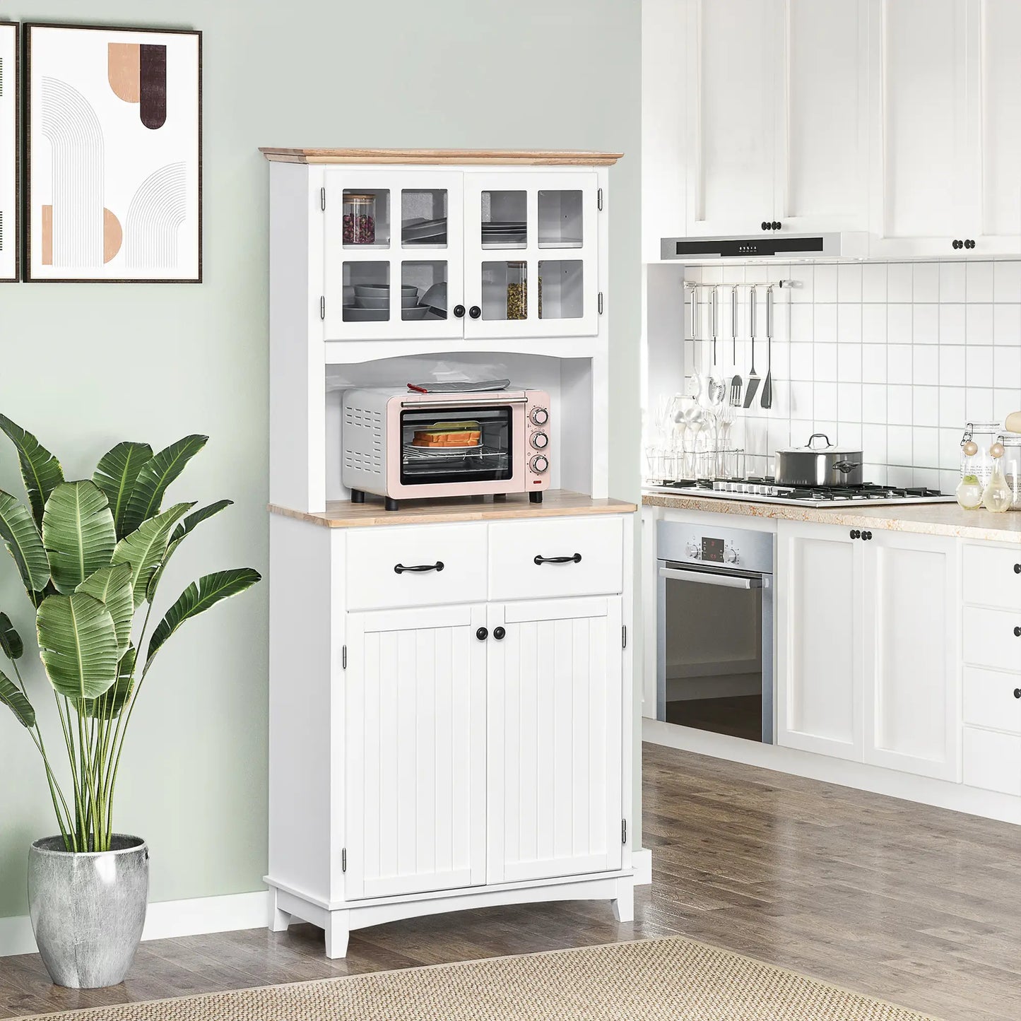 Buffet de cuisine style côtier, armoire de rangement en bois, porte vitrée encadrée, blanc