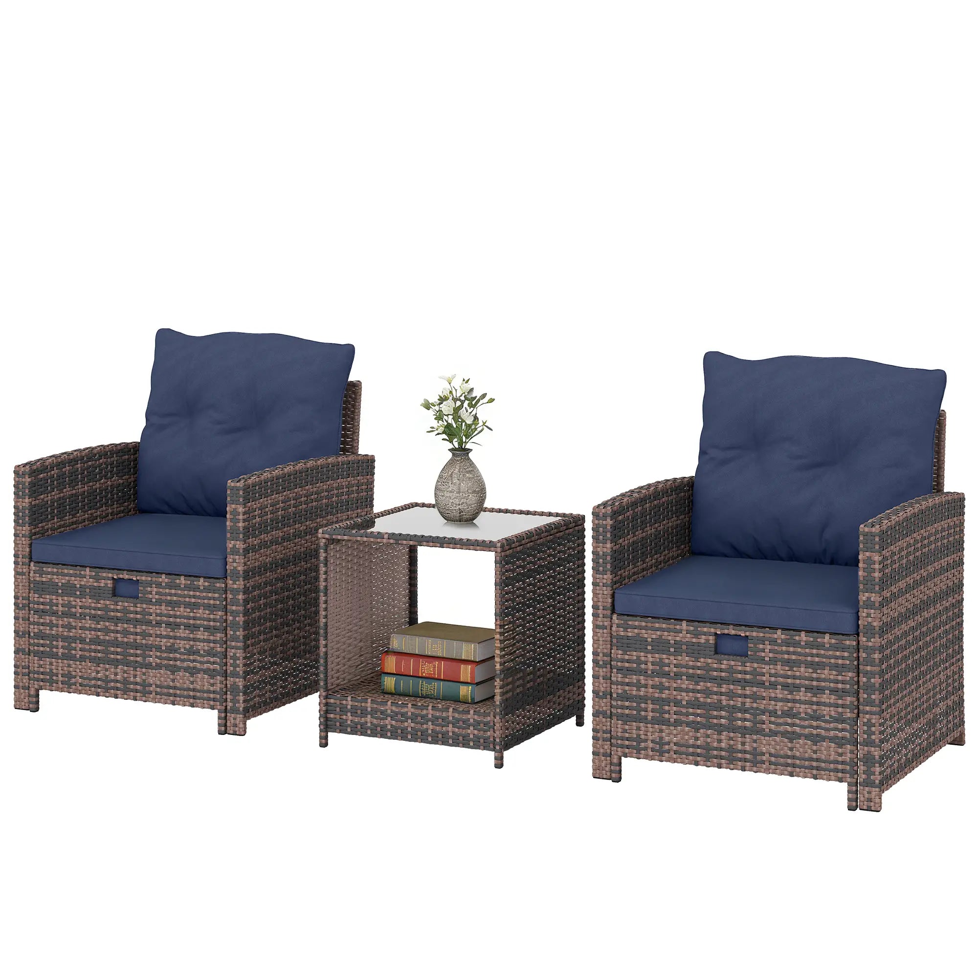 5 Piece Patio Set, Wicker Chairs With Ottomans, Glass Coffee Table, Brown/Dark Blue Patio Furniture Sets Mixed Brown, Dark Blue, Black at Gallery Canada