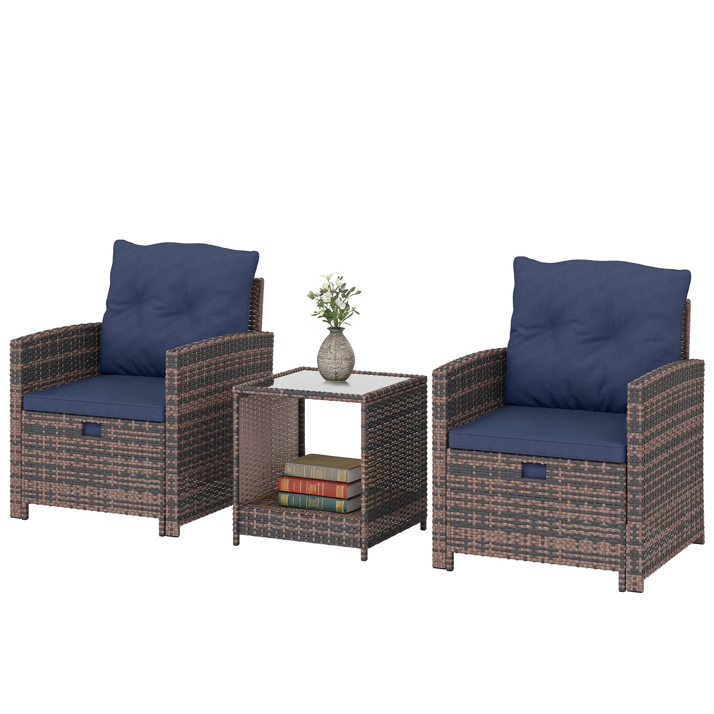 5 Piece Patio Set, Wicker Chairs With Ottomans, Glass Coffee Table, Brown/Dark Blue Patio Furniture Sets Mixed Brown, Dark Blue, Black at Gallery Canada
