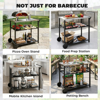 Outdoor Grill Cart, Stainless Steel Tabletop, 3-Tier BBQ Stand, Black Outdoor Grill Carts at Gallery Canada