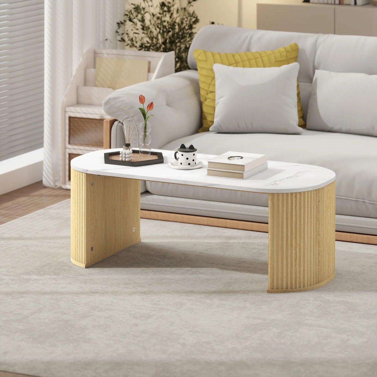 Modern Marble-Effect Coffee Table, Round Corners, Thicken Legs, Natural Wood Coffee Tables at Gallery Canada