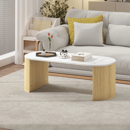 Modern Marble-Effect Coffee Table, Round Corners, Thicken Legs, Natural Wood Coffee Tables at Gallery Canada