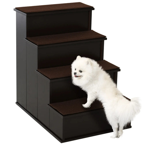 4-Level Wooden Pet Stairs, Non-Slip Carpet, Dark Coffee