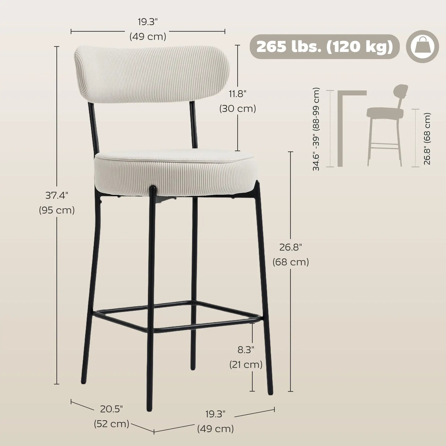 Set of 2 Upholstered Corduroy Barstools with Backrest, Footrest, Cream White Bar Stools at Gallery Canada