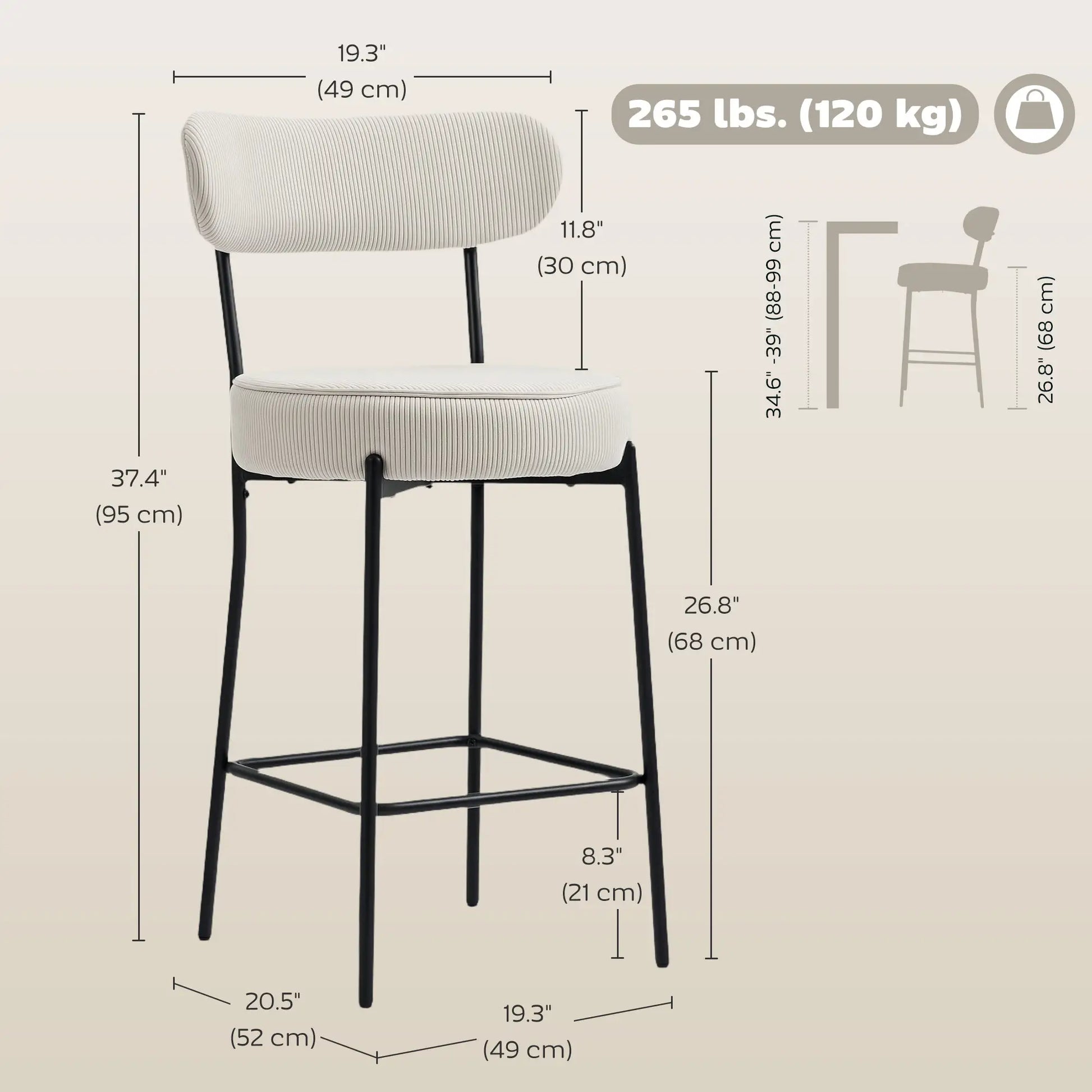 Set of 2 Upholstered Corduroy Barstools with Backrest, Footrest, Cream White Bar Stools at Gallery Canada