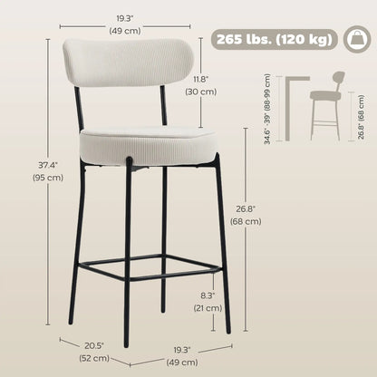 Set of 2 Upholstered Corduroy Barstools with Backrest, Footrest, Cream White Bar Stools at Gallery Canada