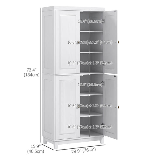 72.5" Kitchen Cabinet, Pantry Storage Cabinet with 4 Doors and 2 Adjustable Shelves for Dining Room, White - Gallery Canada