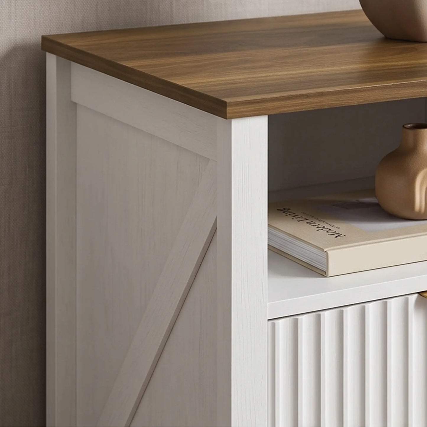 Nightstand With 2 Fluted Drawers, Open Shelf, Anti-Tipping, White Walnut, White Walnut